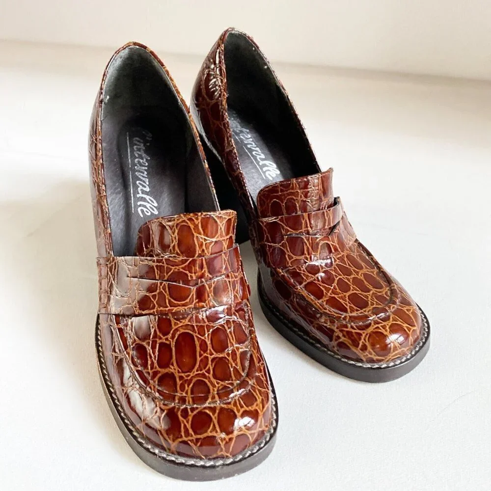 L'Intervalle Brown Croc Print Leather Chunky Heel Loafers 36